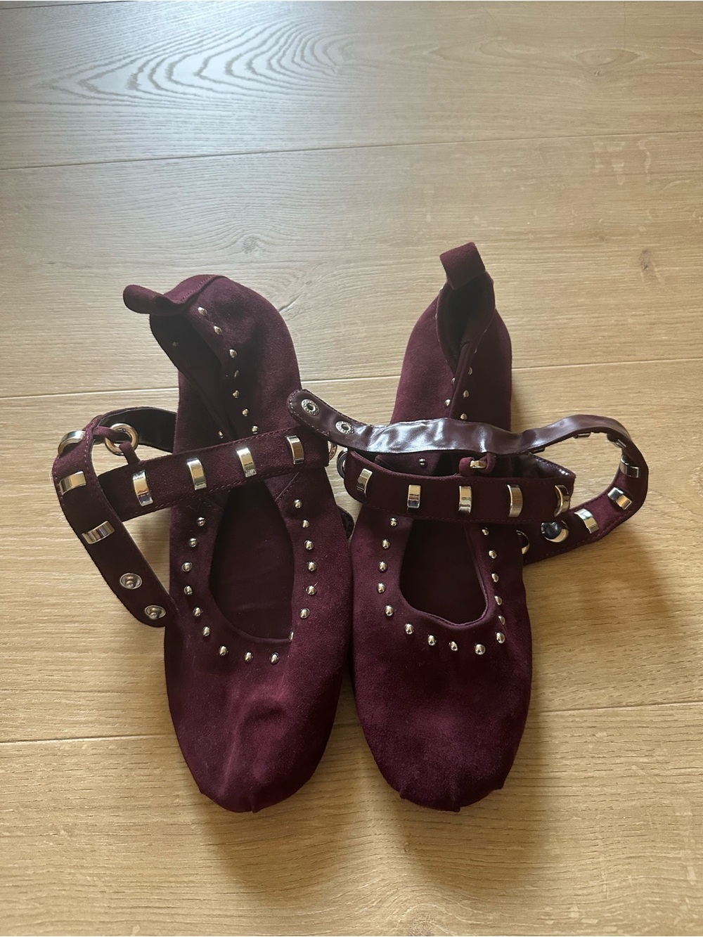 Zara Burgundy Suede Studded Ballet Flats with Straps - Picture 2 of 3